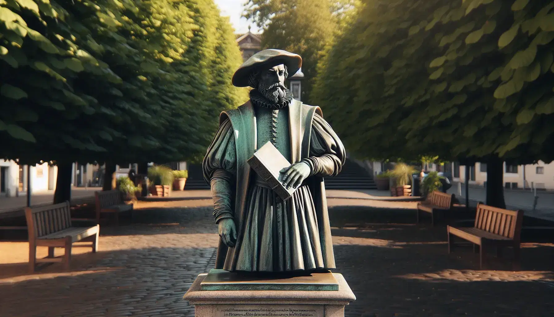 Estatua de bronce de un hombre del siglo XVI con barba, sombrero plano y sosteniendo un libro, sobre pedestal de piedra en un parque soleado con bancos de madera y árboles.