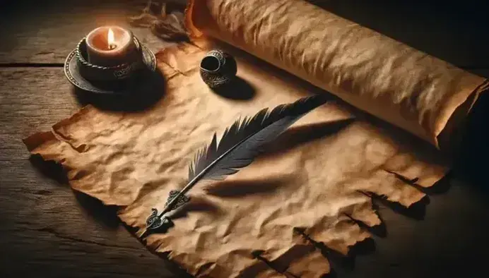 Pergamino antiguo con bordes irregulares y pluma de ave negra para escribir, junto a una vela parpadeante en soporte metálico sobre mesa de madera rústica.