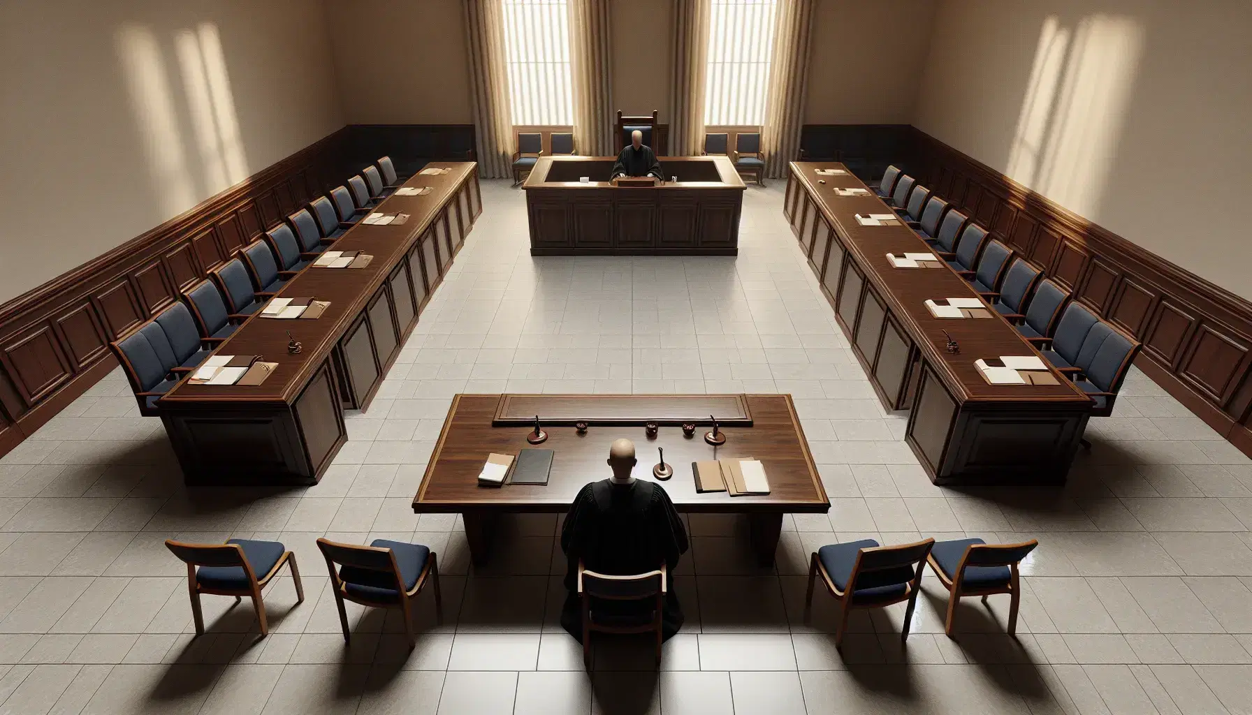 Sala de tribunal con juez en mesa central, dos mesas enfrentadas con personas y sillas con cojines azules para público o jurado.