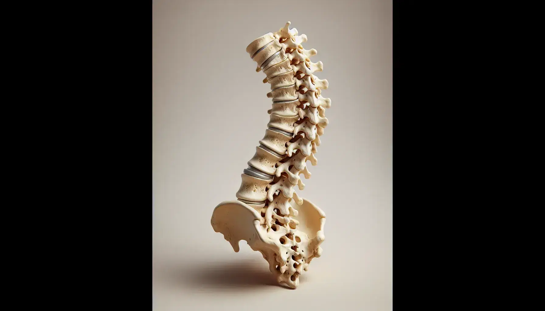 Colonna vertebrale umana isolata su sfondo chiaro, con dettagli anatomici delle vertebre cervicali, toraciche, lombari, sacro e coccige.