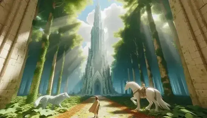 Torre maestosa di pietra bianca in una foresta fitta, con sentiero naturale, ragazzo, cavallo alato e lupo gigante sotto un cielo sereno.