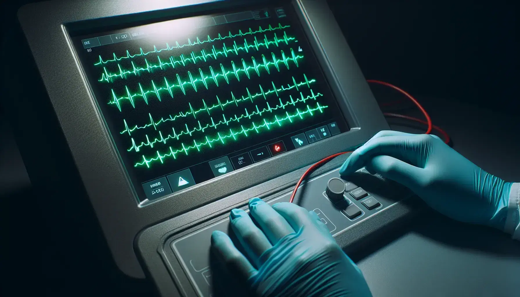 Vista cercana de un electrocardiograma en funcionamiento con líneas onduladas verdes sobre fondo negro, manos con guantes azules ajustando el aparato y cable rojo parcialmente visible.