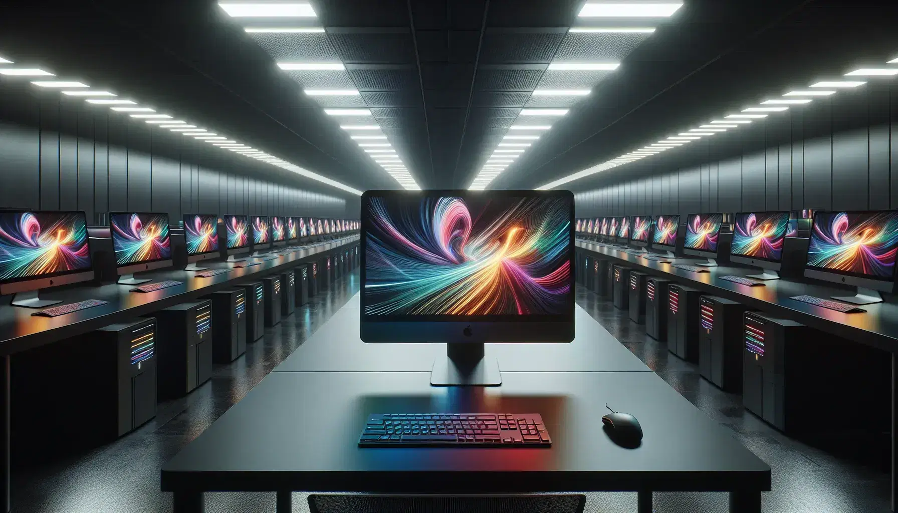 Modern computer lab with rows of black computers and monitors with colorful abstract patterns, soft lighting and no people.