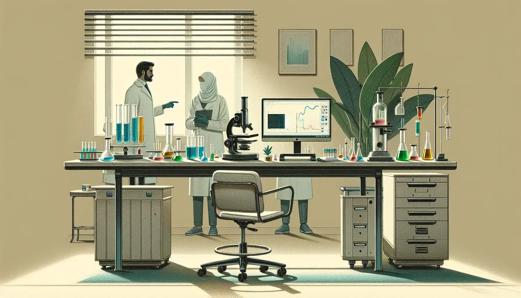 Laboratory with metal microscope, beaker with colored liquids, digital scale, Middle Eastern and South Asian researchers in discussion.
