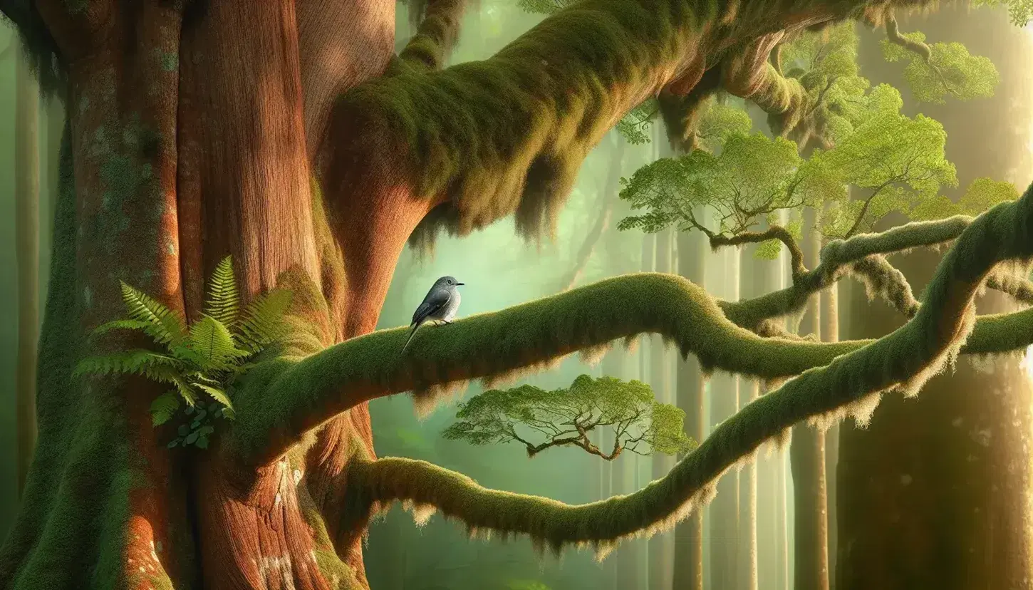 Mature tree with thick trunk and lush canopy, small gray bird perched on leafless branch with green moss, in a softly lit forest setting.