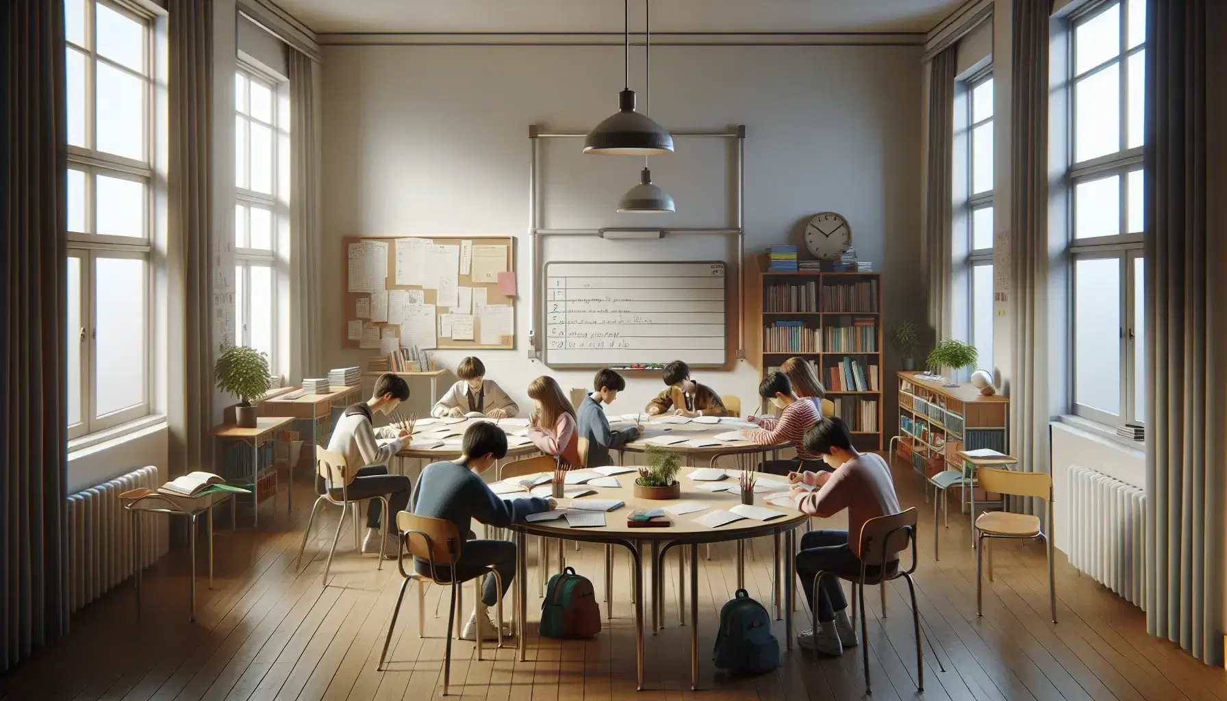 Aula escolar con estudiantes de diversas edades trabajando en equipo alrededor de una mesa redonda, con papeles y lápices, junto a una pizarra blanca y estantería con libros.
