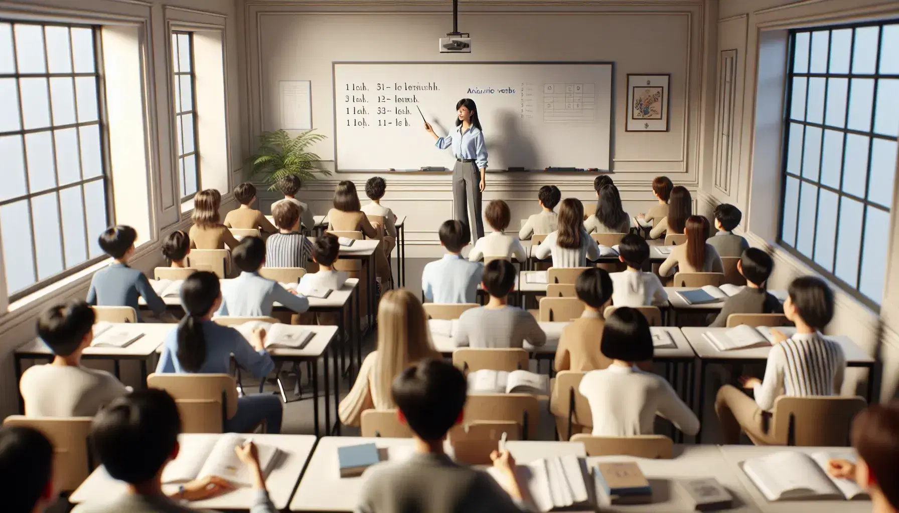 Asian female teacher points at blank whiteboard in a sunlit classroom with diverse students arranged in a semi-circle, ready for a Spanish auxiliary verbs lesson.