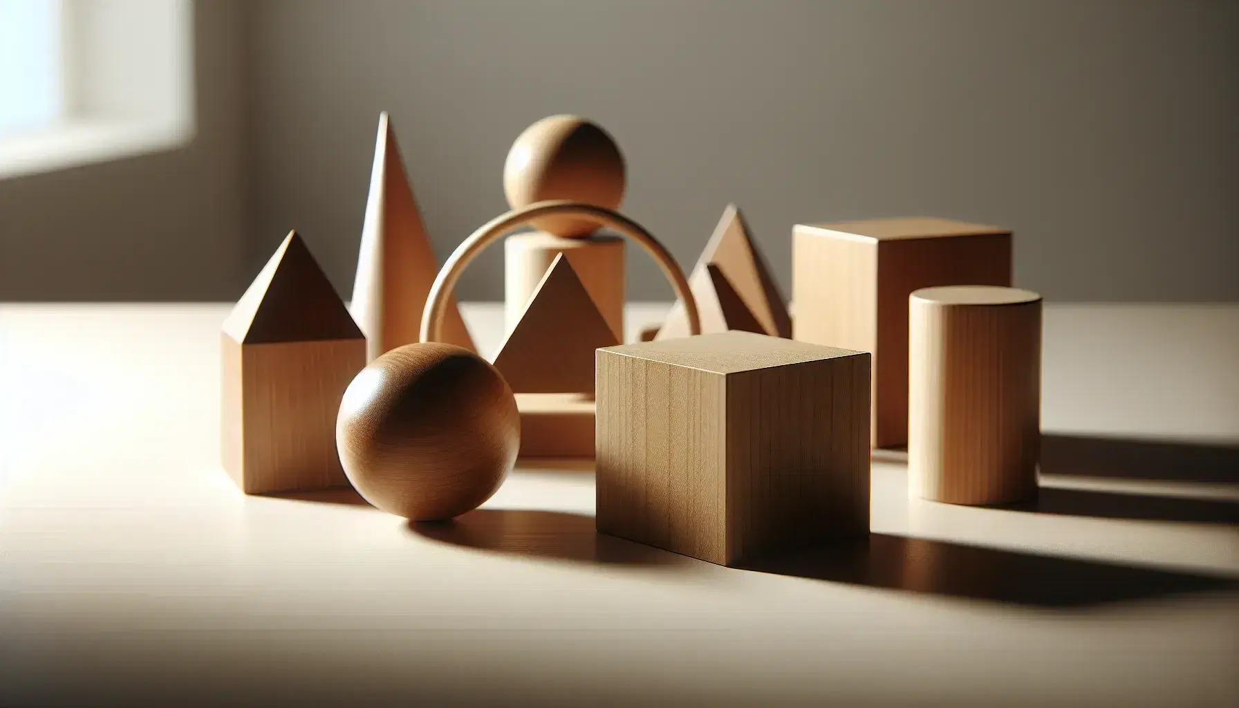 Conjunto de figuras geométricas de madera sobre mesa clara, incluyendo un cubo, esfera, cilindro, prisma triangular y cono, con sombras suaves y fondo neutro.