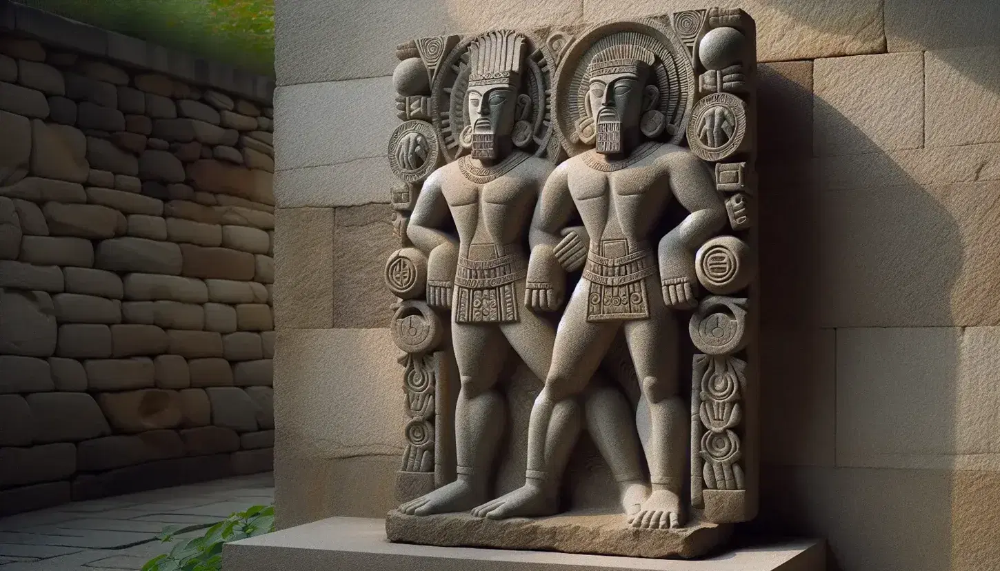 Escultura de piedra de dos figuras antropomórficas con tocados y poses heroicas, adornos estilizados y fondo de pared lisa con vegetación.