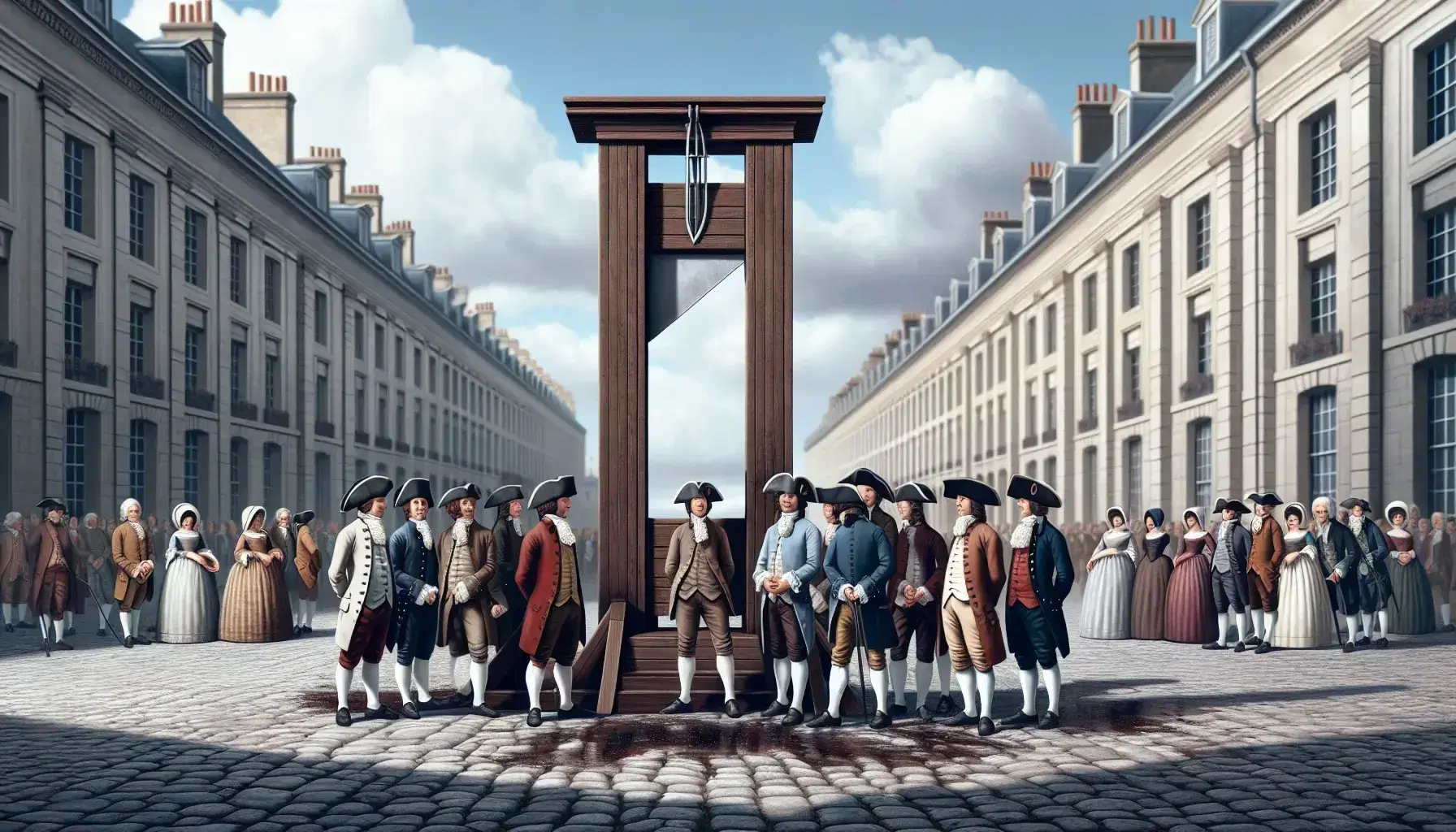 Escena histórica del siglo XVIII con una guillotina de madera y hoja metálica, personas con vestimenta de época y edificios clásicos al fondo bajo un cielo azul.