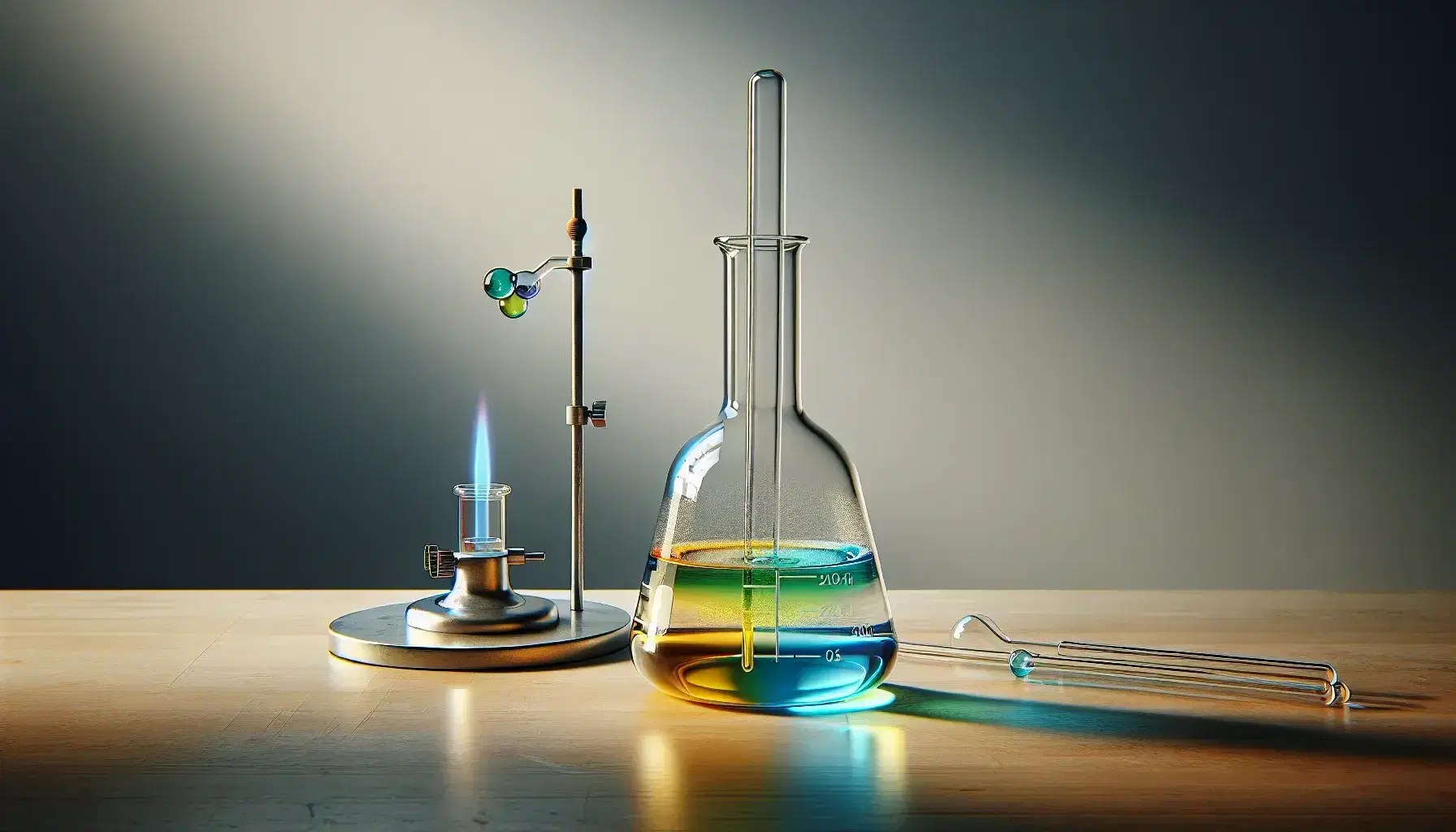 Glass flask on laboratory bench with yellow, blue and green colored liquids for sigmatropic reaction, glass rod and lit Bunsen burner.