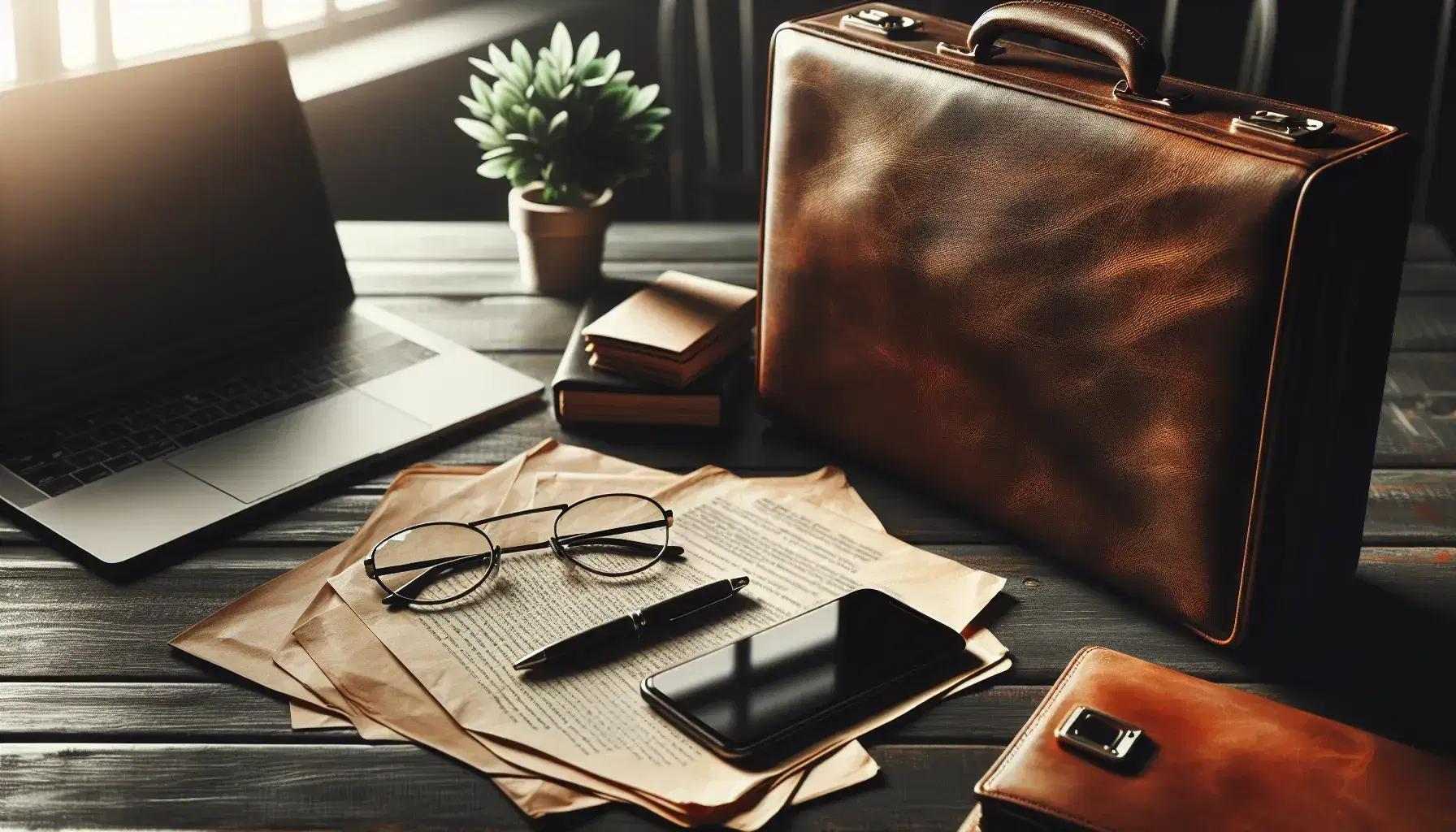 Mesa de madera oscura con maletín de cuero marrón abierto, documentos, carpeta beige, smartphone, gafas metálicas y planta en maceta blanca, con laptop cerrado al fondo.