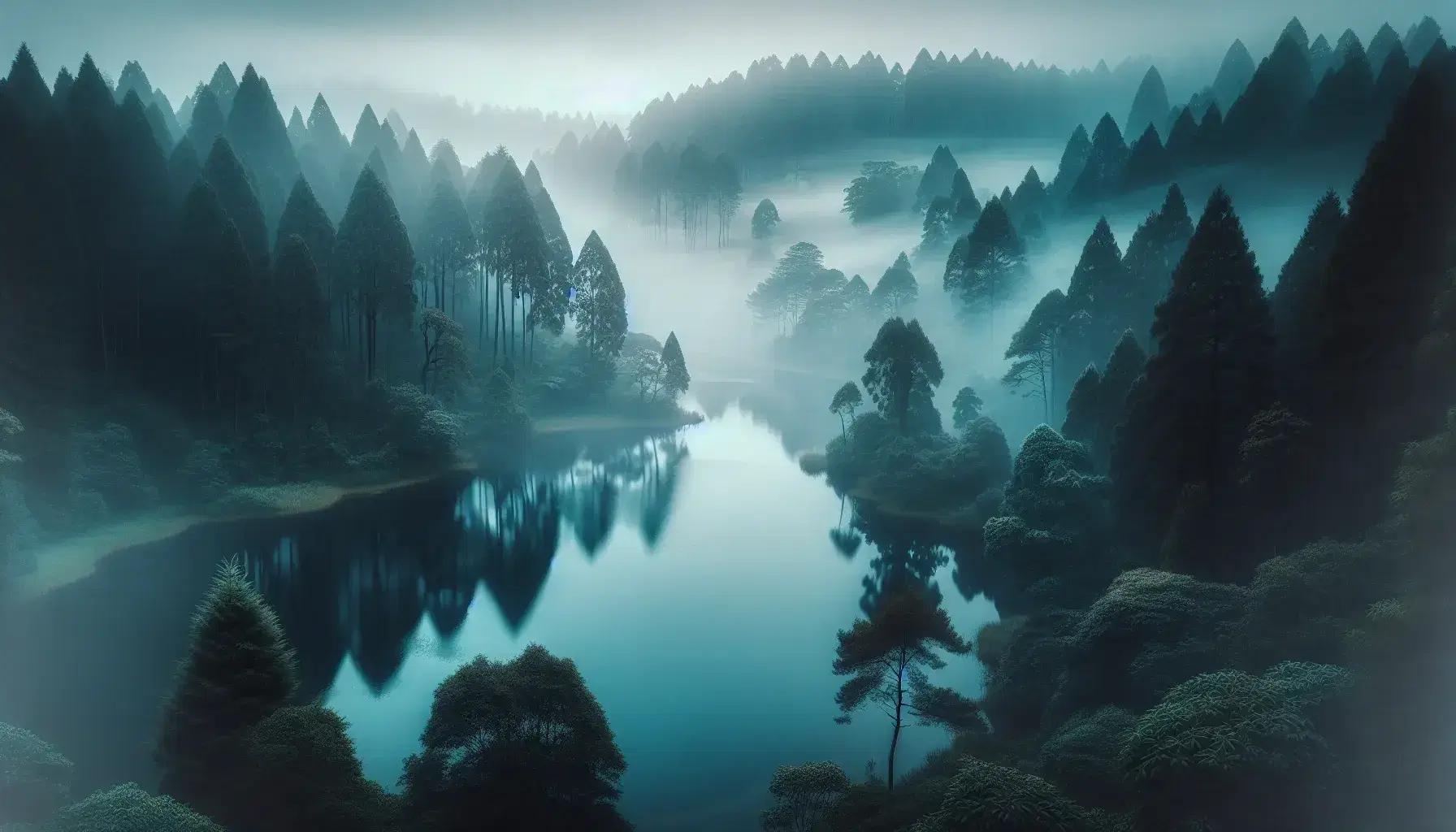 Paesaggio naturale con lago tranquillo, alberi riflessi sull'acqua e nebbia che crea un'atmosfera eterea e sfumata.