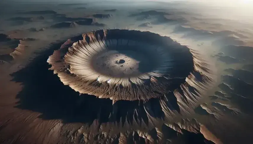 Vista aérea de un cráter de impacto circular con bordes elevados y tonos marrones y rojizos, rodeado de terreno irregular y vegetación dispersa.