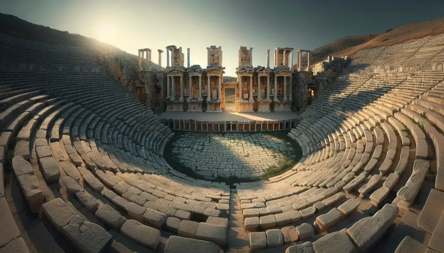 Teatro griego antiguo al aire libre con orquesta circular y gradas semicirculares de piedra bajo un cielo azul despejado, rodeado de columnas parcialmente en ruinas.