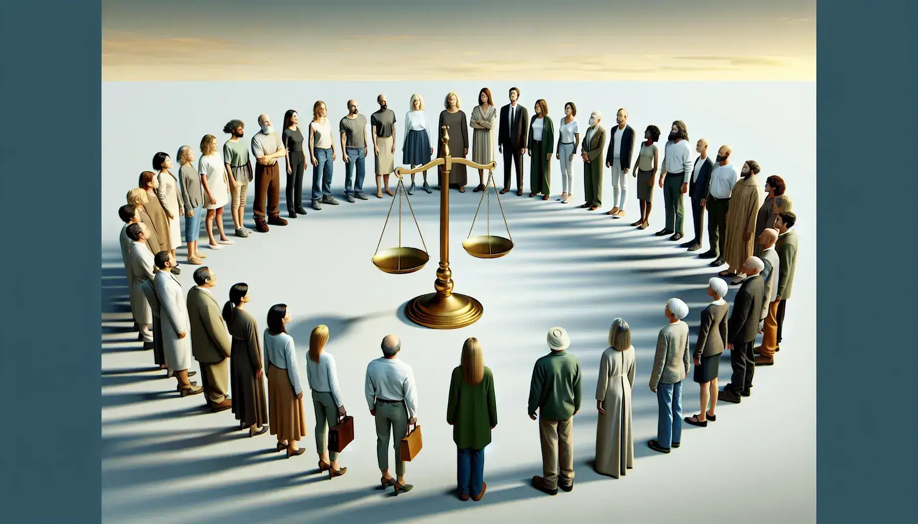 Diverse group of people in a semi-circle with neutral expressions, one holding a balanced scale, against a gradient blue background, symbolizing equality.