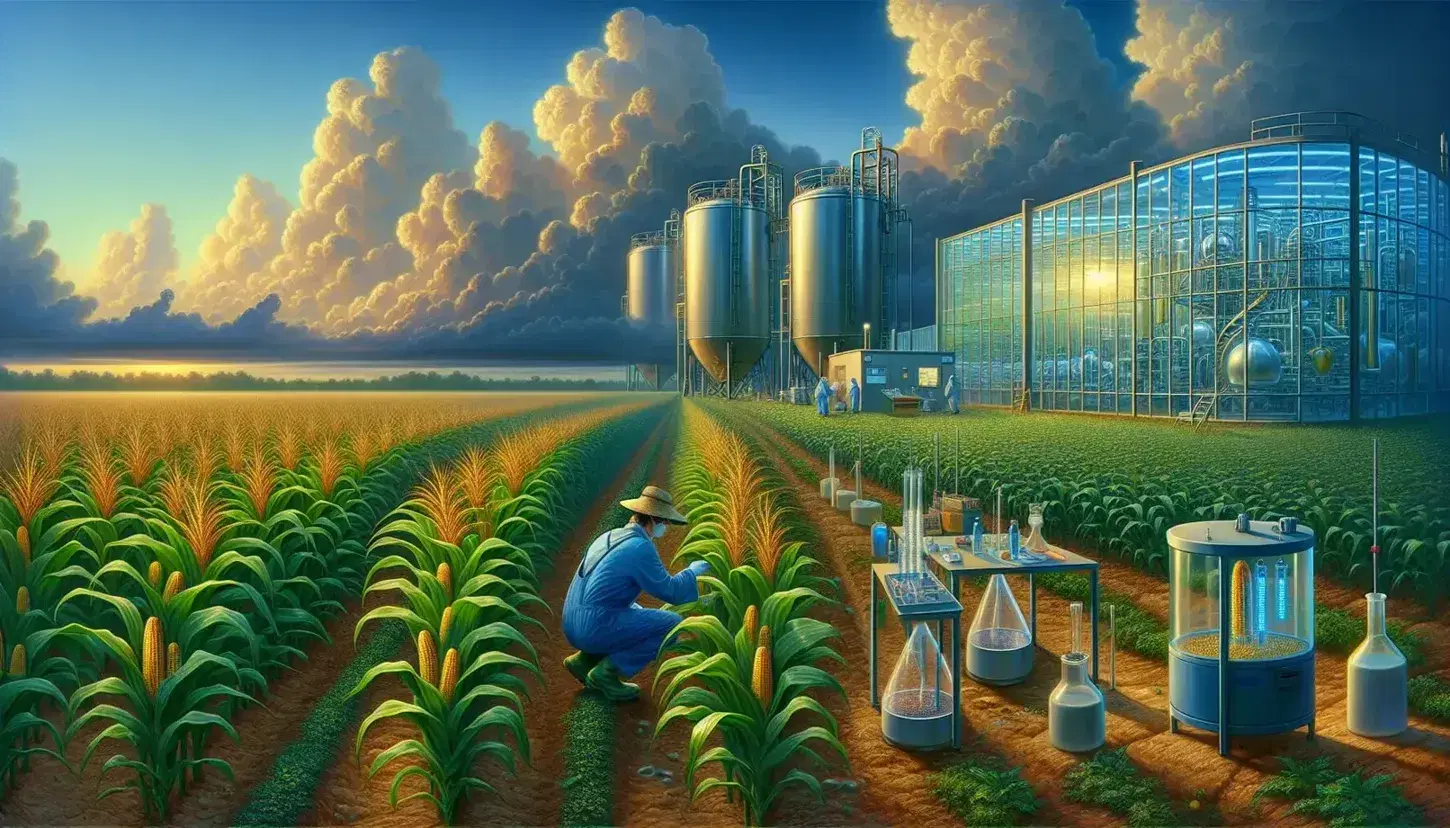 Campo agricolo ordinato con piante di mais e pannocchie dorate, laboratorio di ricerca sullo sfondo e agricoltore al lavoro.