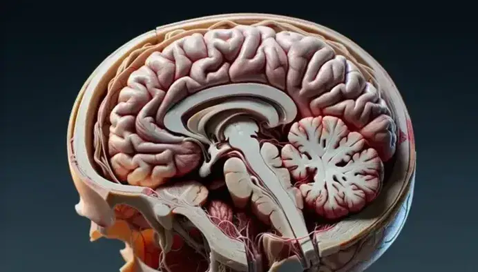 Detailed lateral view of the human brain inside the open skull, with evident cortical sulci and gyri, cerebellum and brainstem.