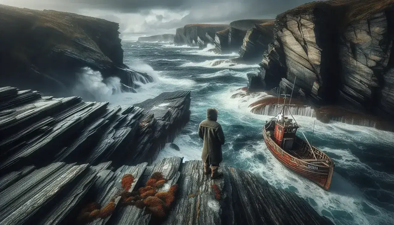 Rugged coastline with waves crashing against cliffs, a solitary figure in a coat stands on a cliff, and a red fishing boat anchored in a natural harbor.