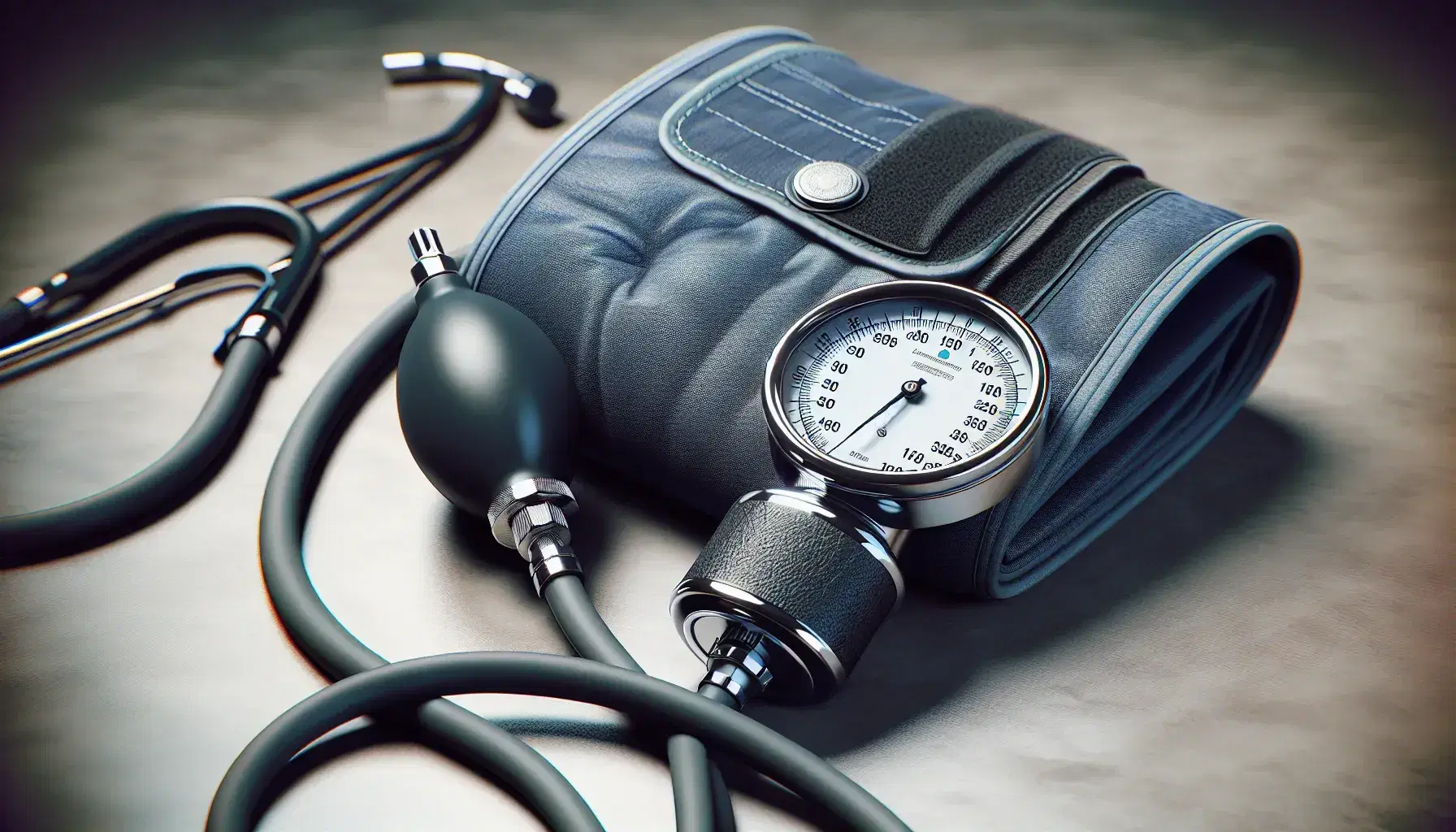 Esfigmomanómetro aneroide con manguito azul oscuro y manómetro circular conectado por tubo gris, junto a pera de goma negra para medición de presión arterial.
