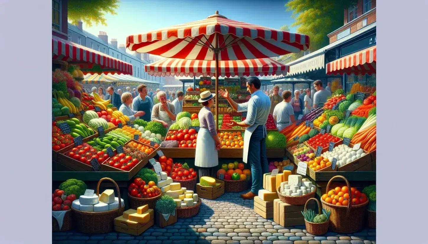 Mercato all'aperto con banco frutta e verdura colorato, venditore in grembiule blu e cliente, stand formaggi e persone che passeggiano.
