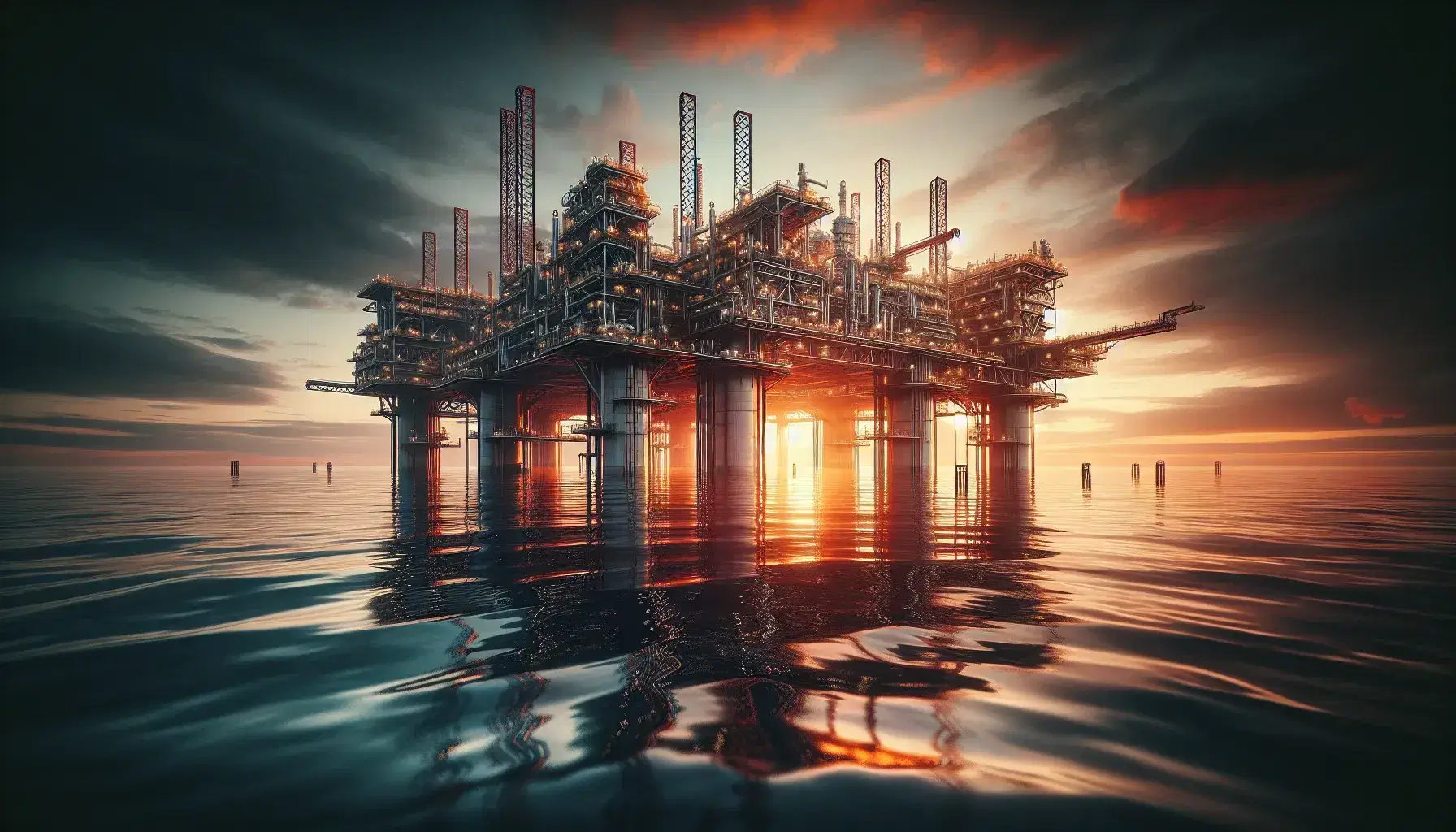 Piattaforma petrolifera offshore al tramonto con cielo arancione riflesso sul mare calmo, struttura metallica imponente senza persone o barche.