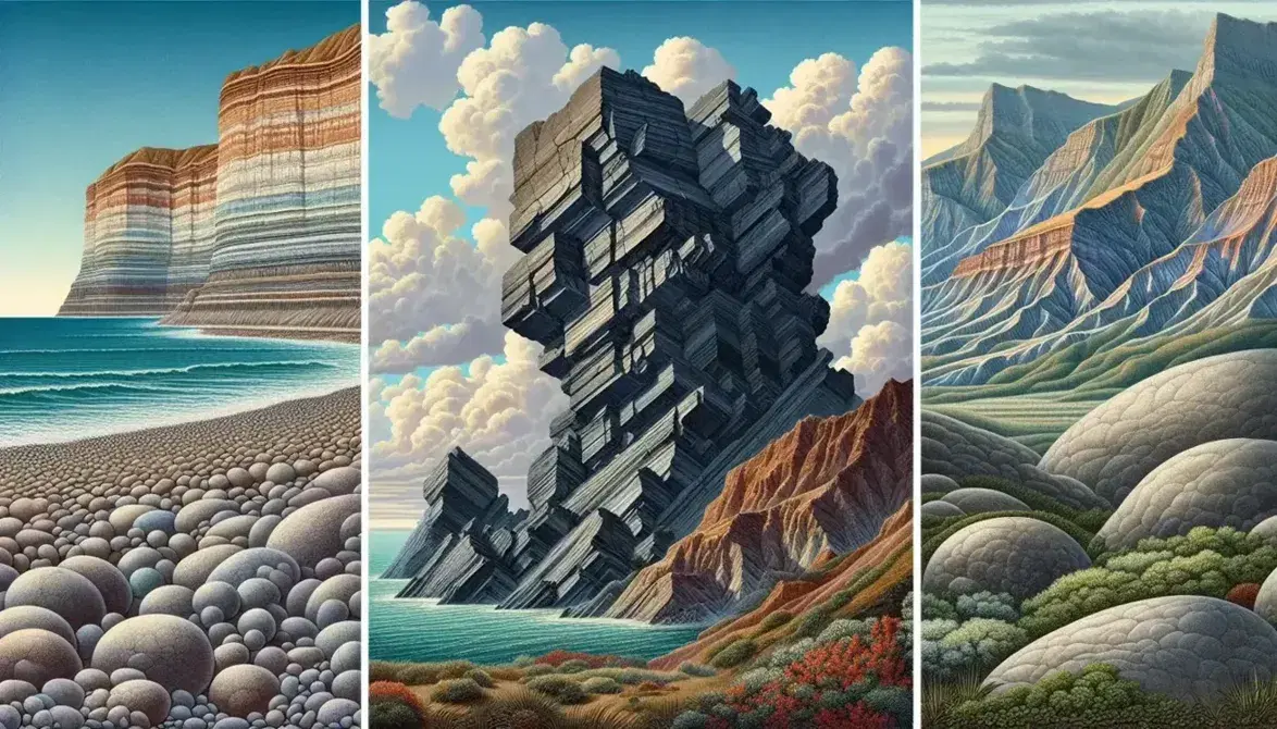 Scogliere costiere stratificate, formazione rocciosa ignea e montagne metamorfiche con campioni di rocce variopinte in primo piano.