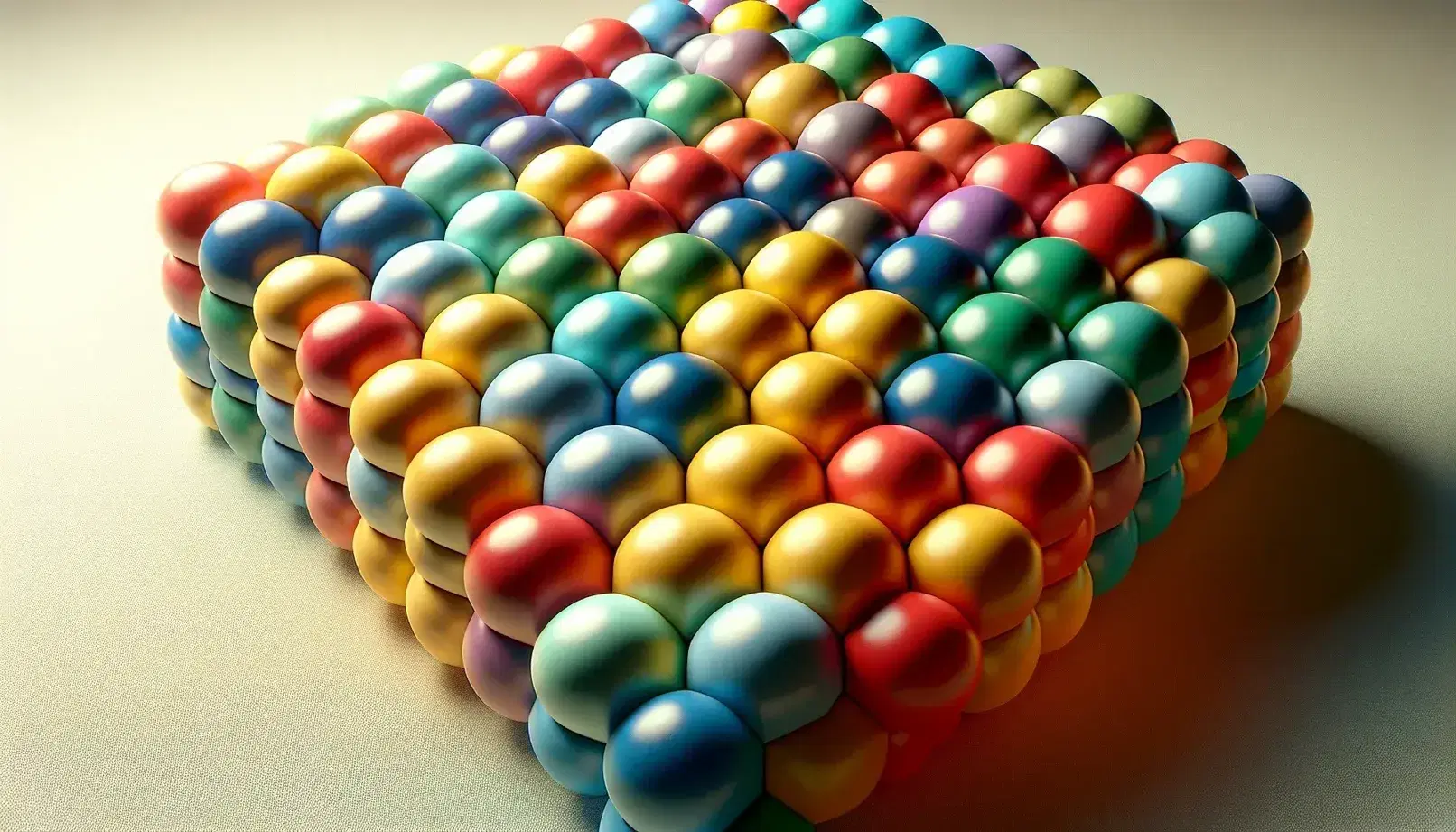 Colorful balls in a hexagonal pattern with shades of red, blue, green, yellow, purple, and orange, creating a beehive-like tessellation.