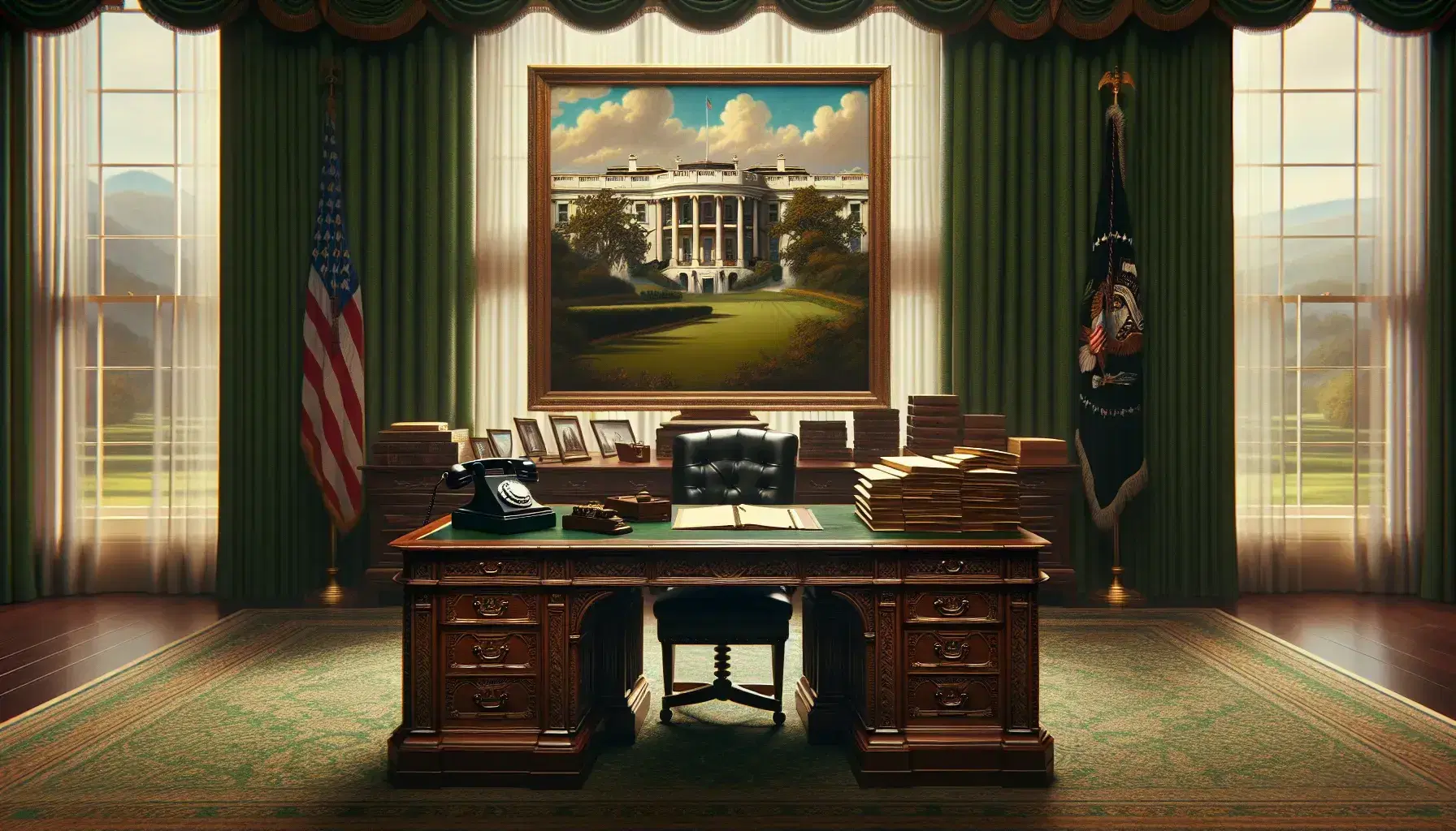 Elegant dark wood desk with vintage rotary phone, leather-bound book, and papers, high-backed chair, and neoclassical building painting in a room with green drapes.