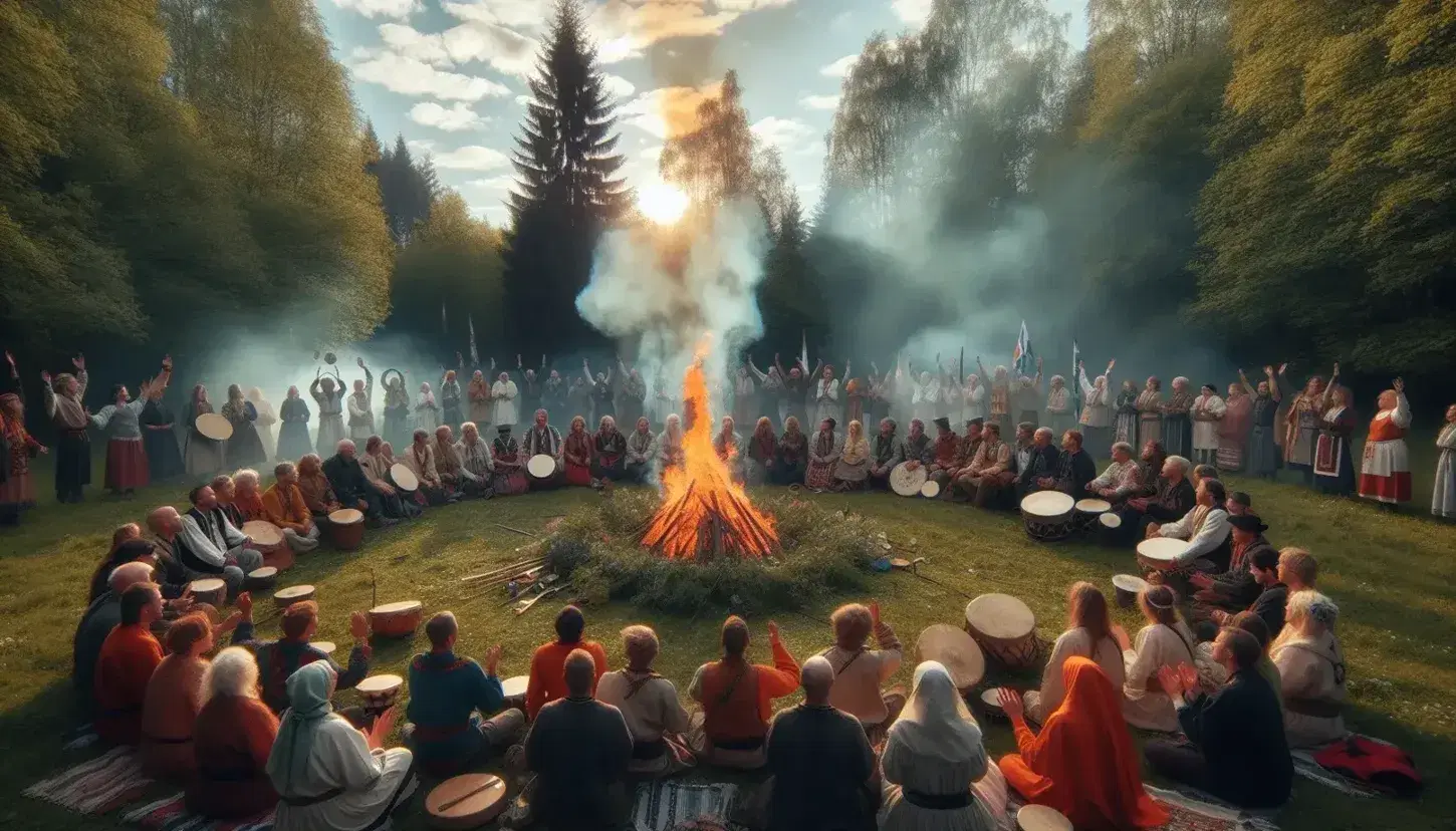 Gruppo di persone in abiti tradizionali forma un cerchio intorno a un fuoco all'aperto, suonando strumenti antichi e partecipando a un rituale.