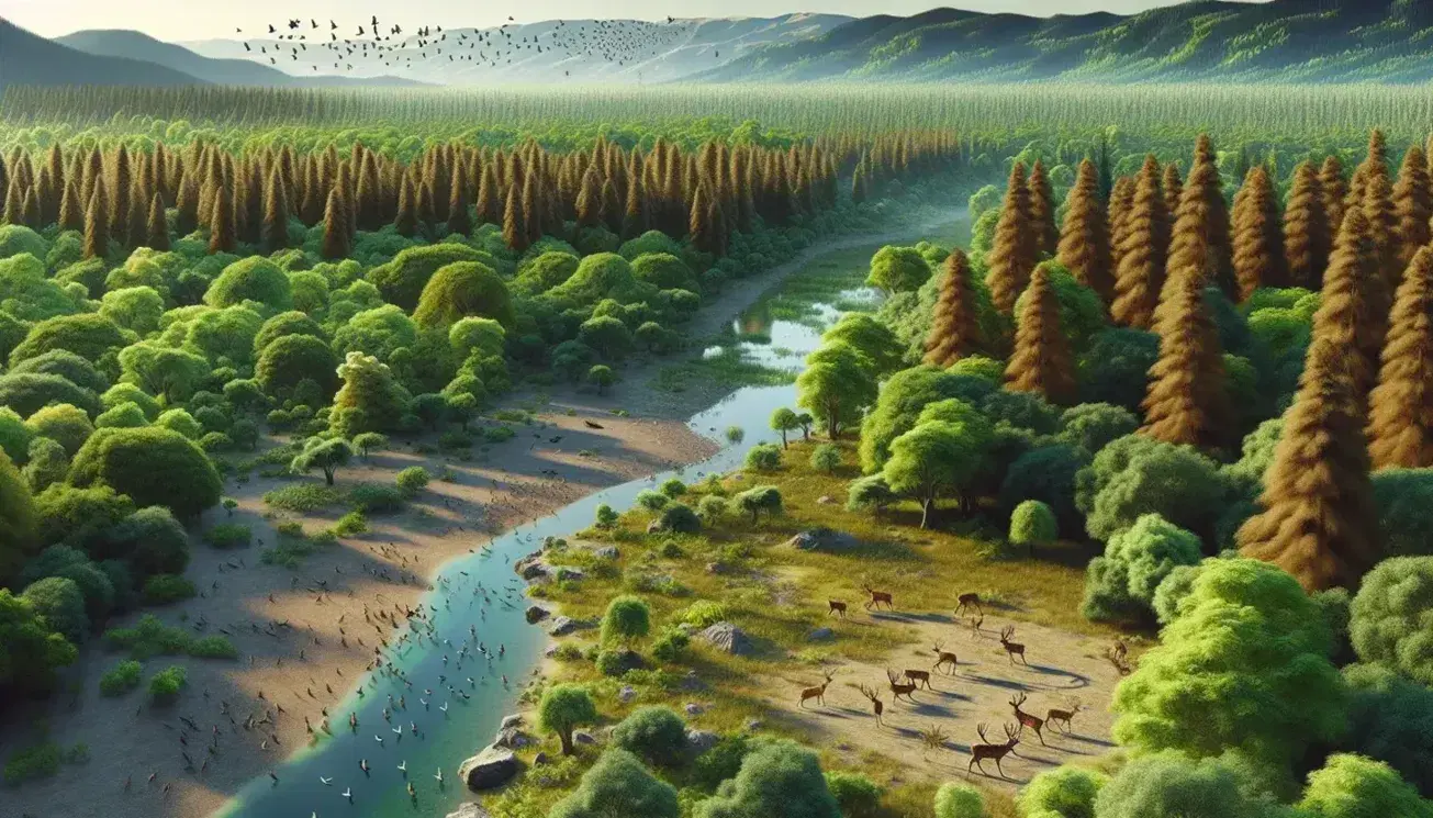Vista aérea de un bosque frondoso con un río serpenteante, ciervos en un claro y aves volando sobre un fondo de montañas nevadas.