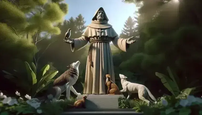 Statua in pietra di San Francesco d'Assisi con abito monacale, braccia aperte, circondato da alberi, animali e cielo azzurro.