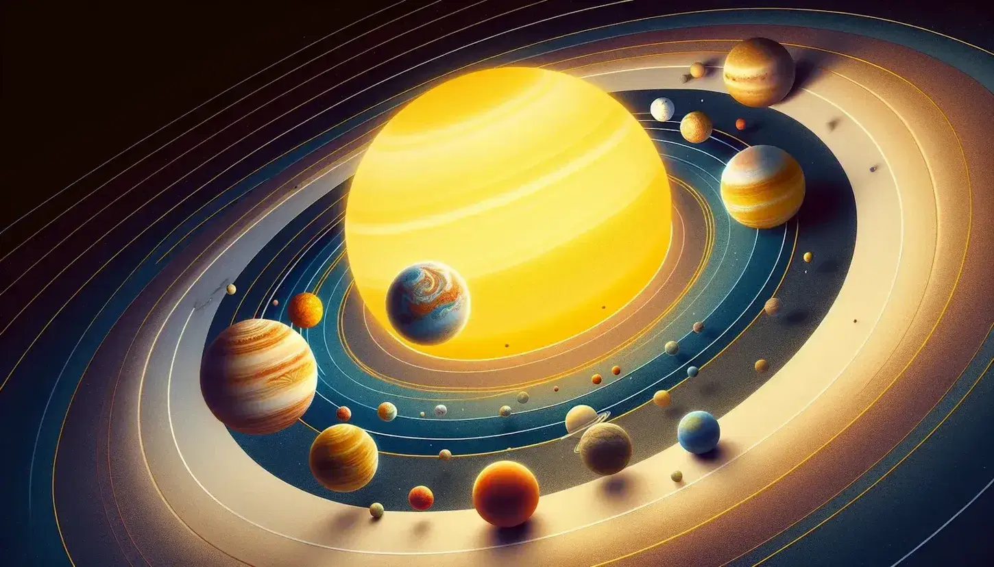 Rappresentazione artistica del Sistema Solare con il Sole al centro e otto pianeti colorati in orbita, circondati da asteroidi e lune su sfondo stellato.
