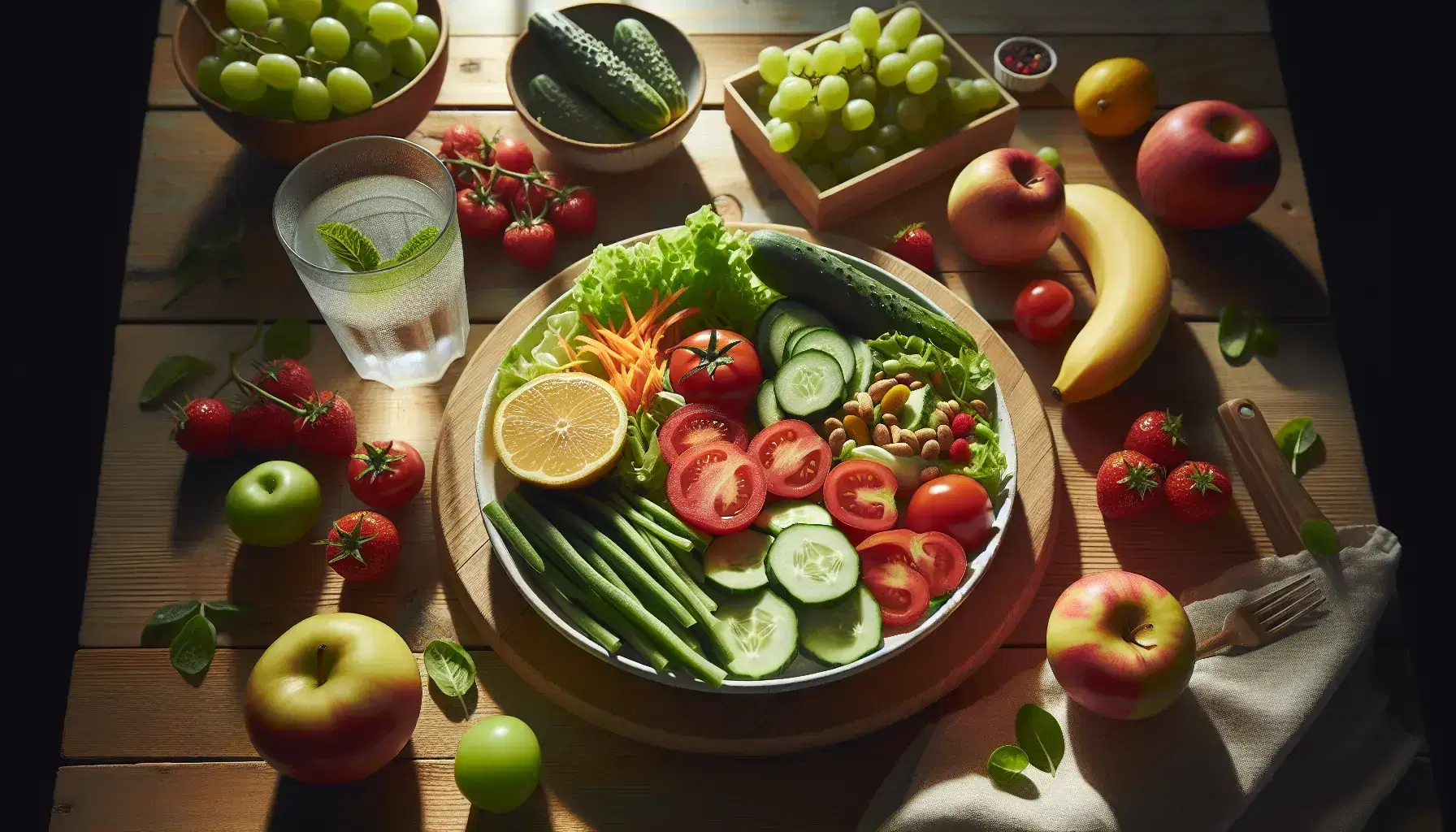 Ensalada fresca y colorida en plato blanco rodeada de frutas y verduras variadas sobre mesa de madera, con vaso de agua y luz natural.