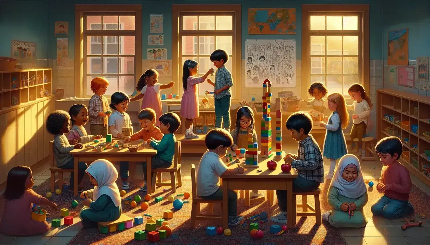 Children of different ethnic groups interact in the classroom: South Asian boy with blocks, trading game between children, collective drawing and tower construction.