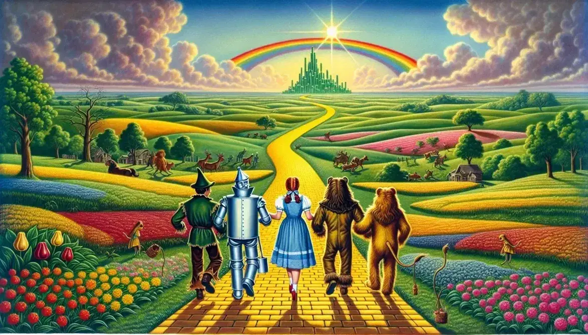 Camino de ladrillos amarillos con niña en vestido azul, hombre de hojalata, león y espantapájaros, arcoíris y ciudad esmeralda al fondo.