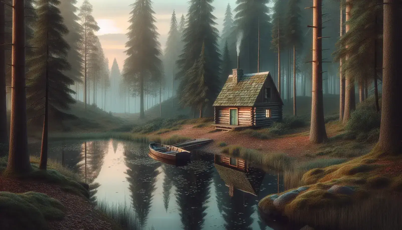 Serene dawn woodland scene with a rustic cabin amid green trees, smoke from chimney, still pond with rowboat, and a colorful sunrise sky.