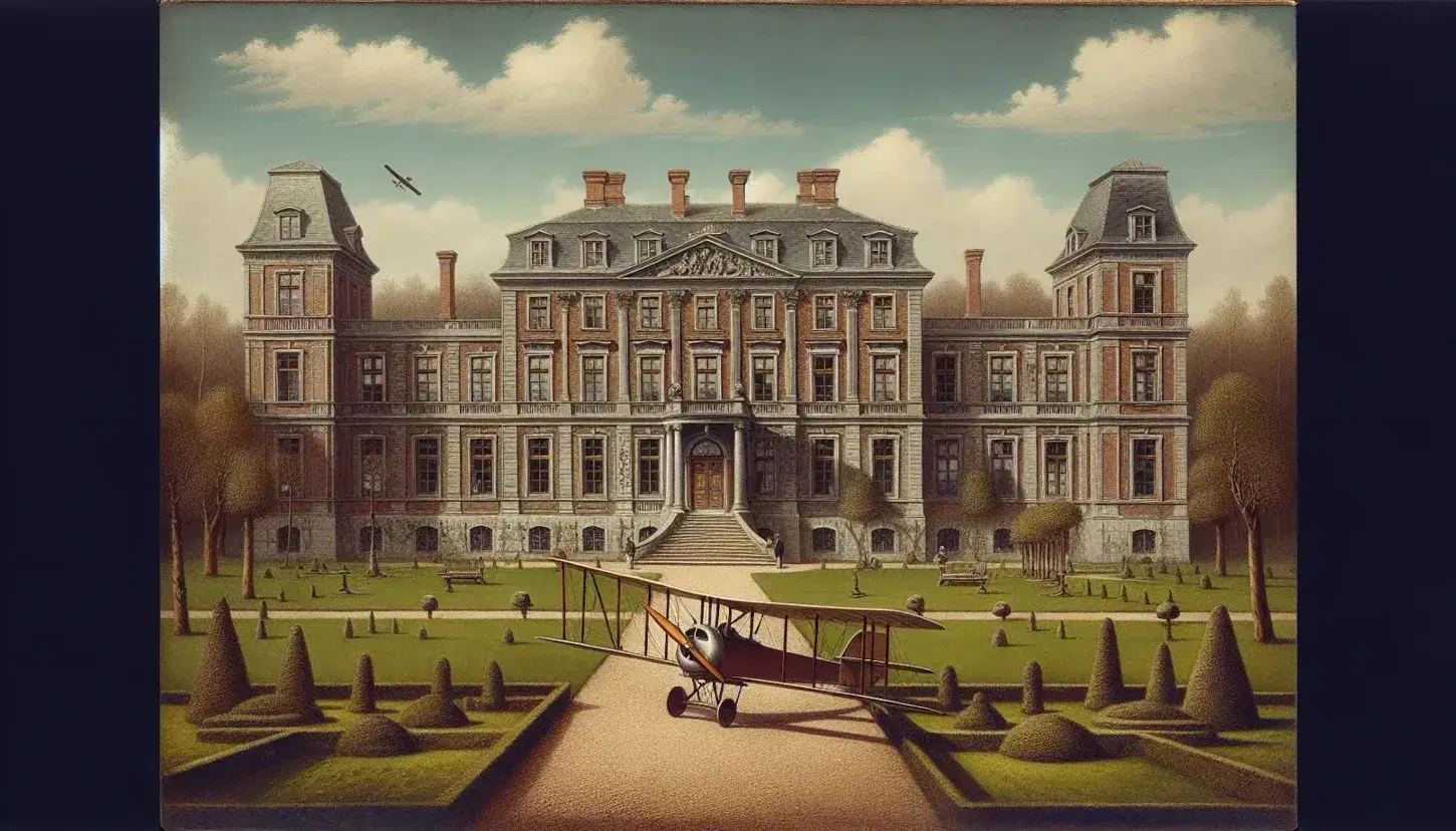 19th-century Prussian manor with symmetrical red brick facade, white stone details, and formal gardens, beside a vintage biplane on a sunny day.