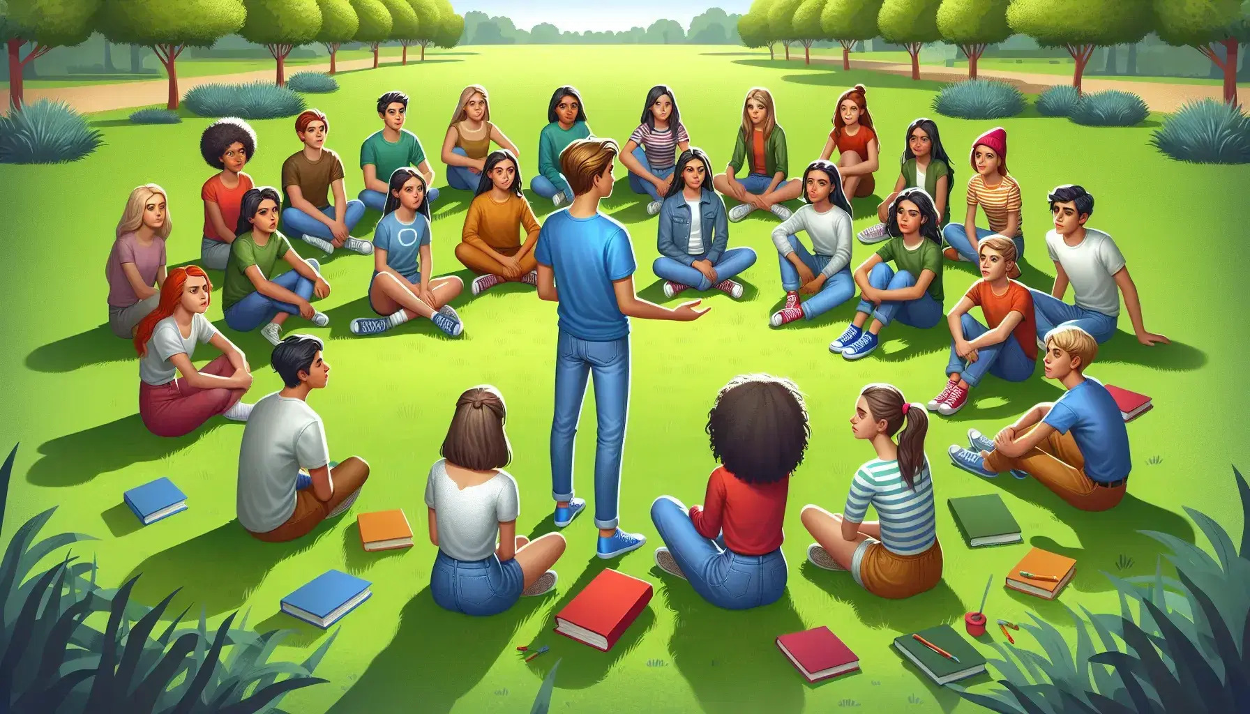 Grupo de adolescentes diversos sentados en círculo en un parque escuchando a uno de pie que comparte ideas, rodeados de árboles y cielo azul.