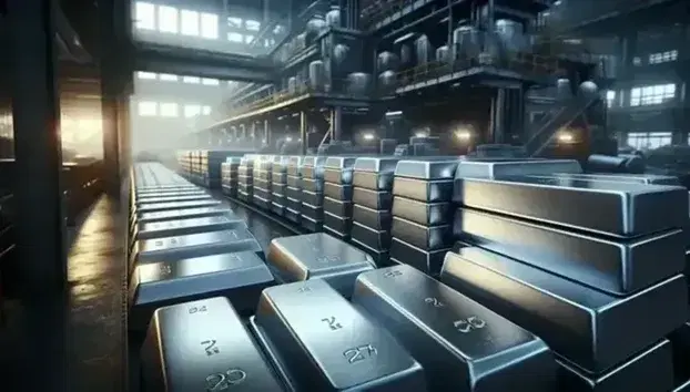 Lingotti metallici impilati in fabbrica con riflessi luminosi su superfici argentate e macchinari industriali sfocati sullo sfondo.