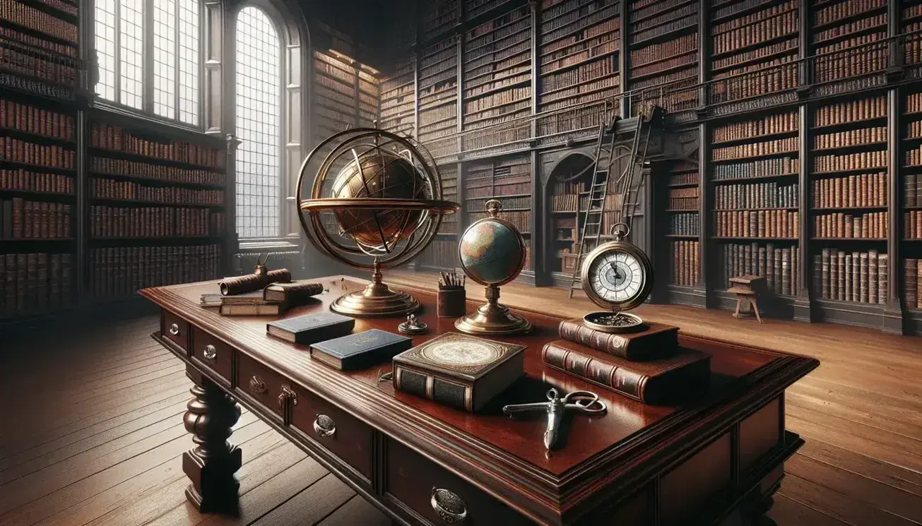 Antica biblioteca con scrivania in legno, sfera armillare, orologio tascabile, bussola, librerie piene e scala, luce naturale da finestra.