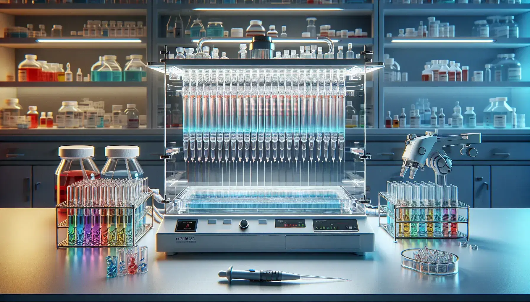 Laboratorio scientifico moderno con apparecchiatura per elettroforesi, provette colorate e micropipetta, ambiente pulito e ordinato.