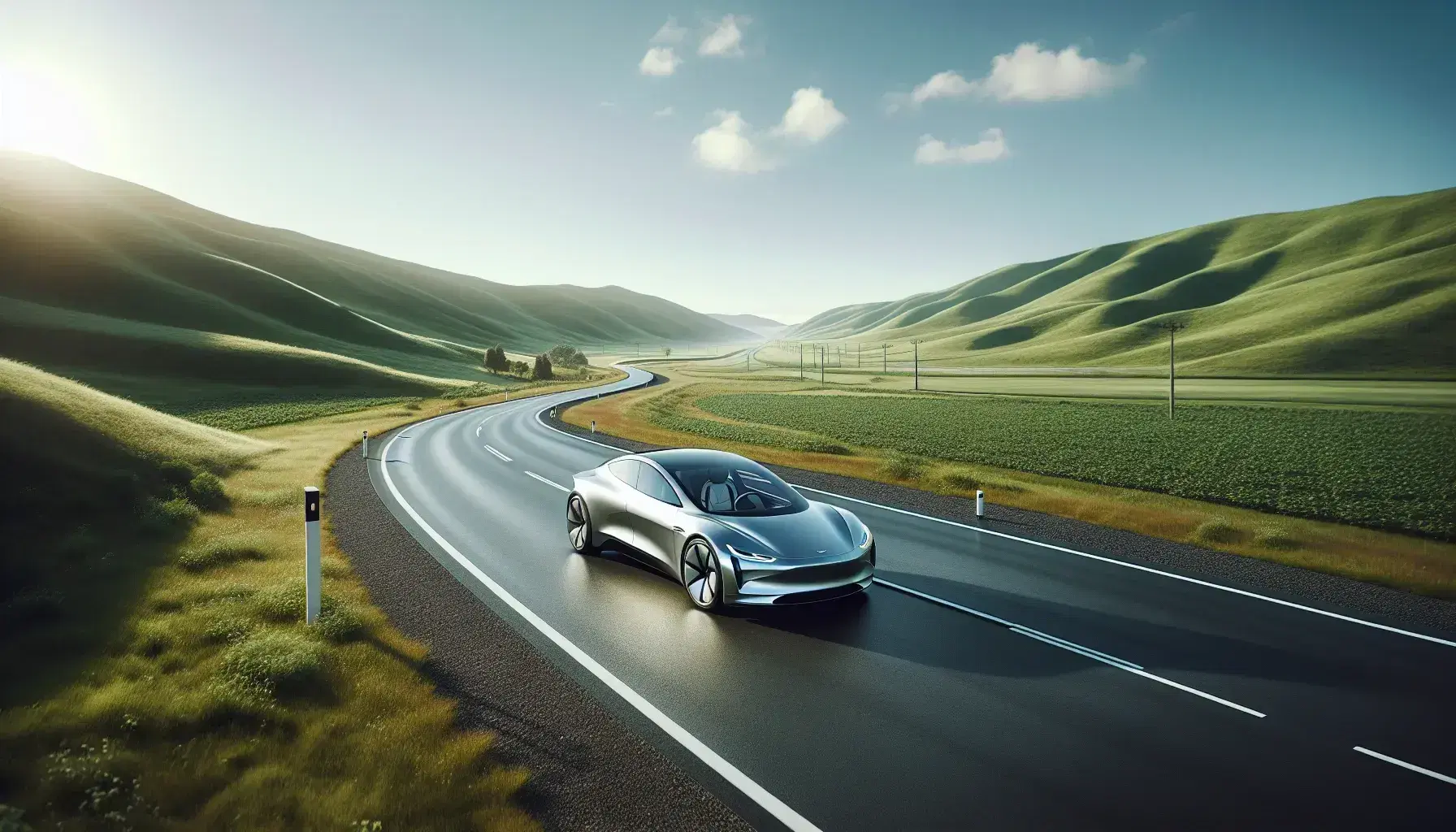 Strada asfaltata serpeggiante tra colline verdi con auto elettrica argento ferma sotto cielo azzurro con nuvole sparse.