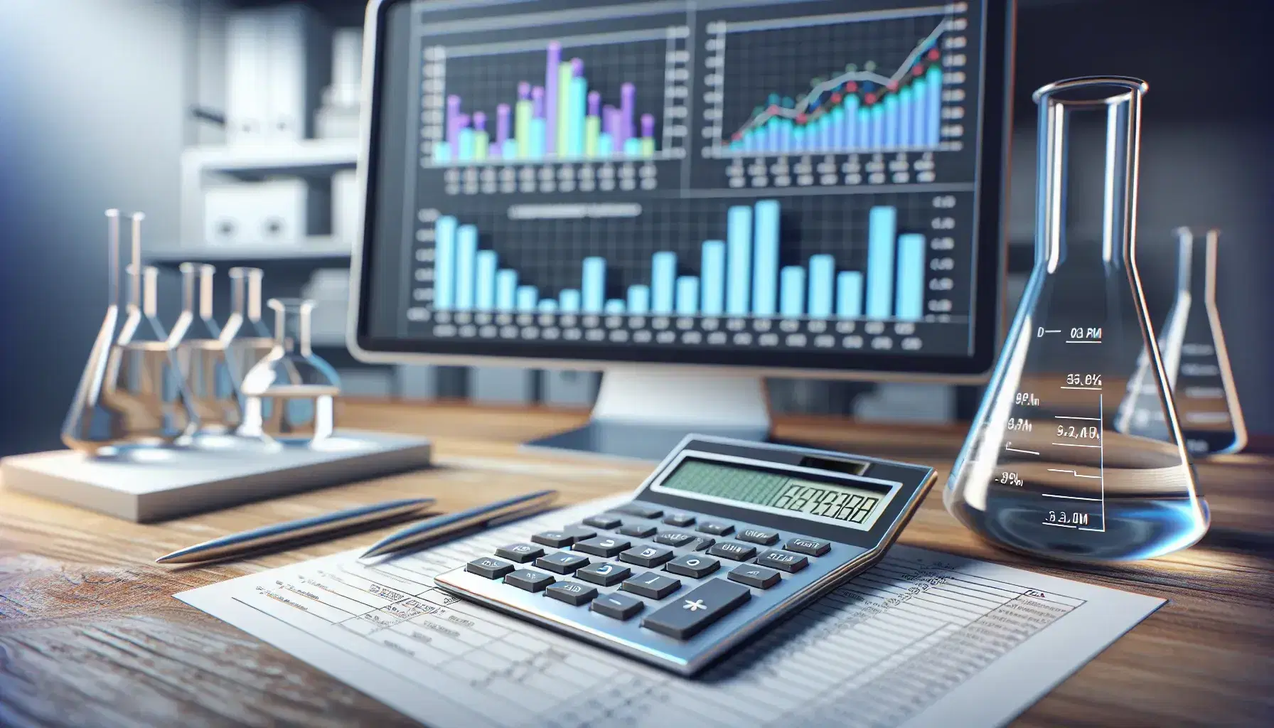 Laboratory with turned on modern calculator, paper, beaker with transparent liquid, steel ruler and monitor with colorful graphs.