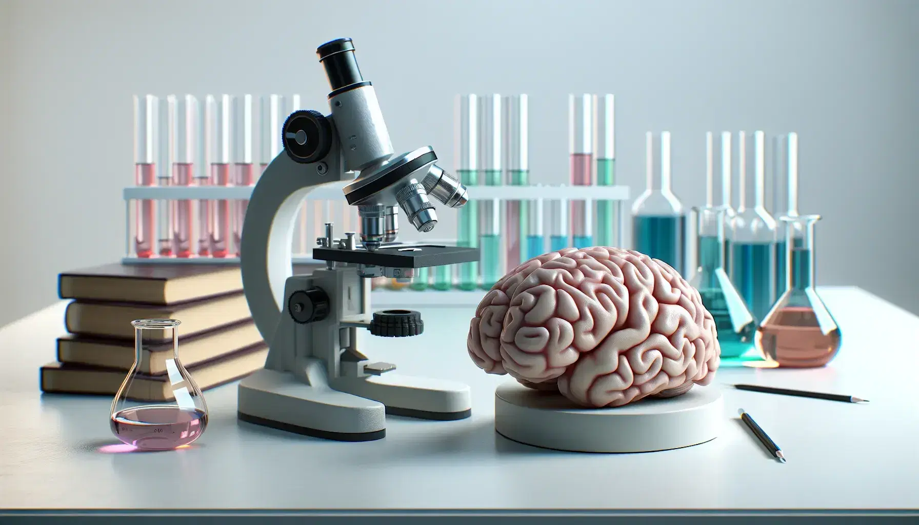 Neuroscience laboratory with human brain model, microscope, beaker with colored liquids and researcher in white coat.