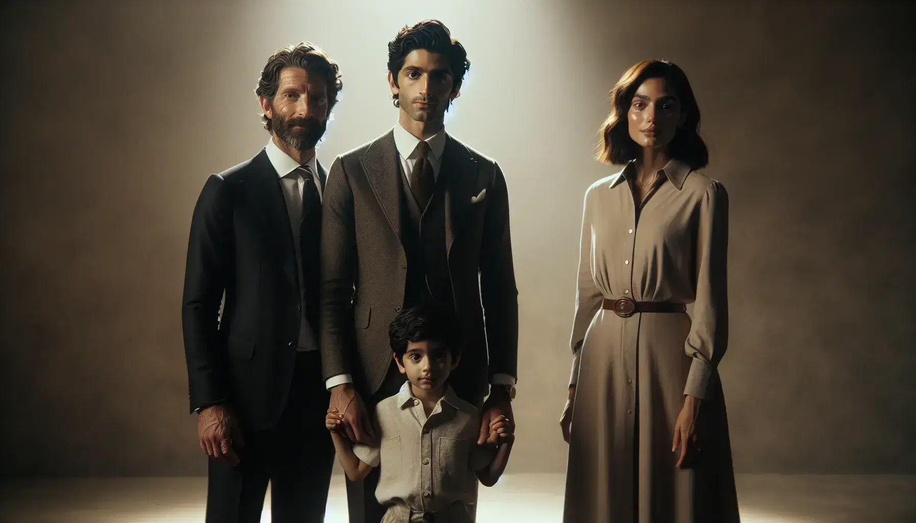 Familia multicultural sonriente con un hombre caucásico en traje, mujer de Medio Oriente en vestido claro y niño del sur de Asia en camisa y shorts.
