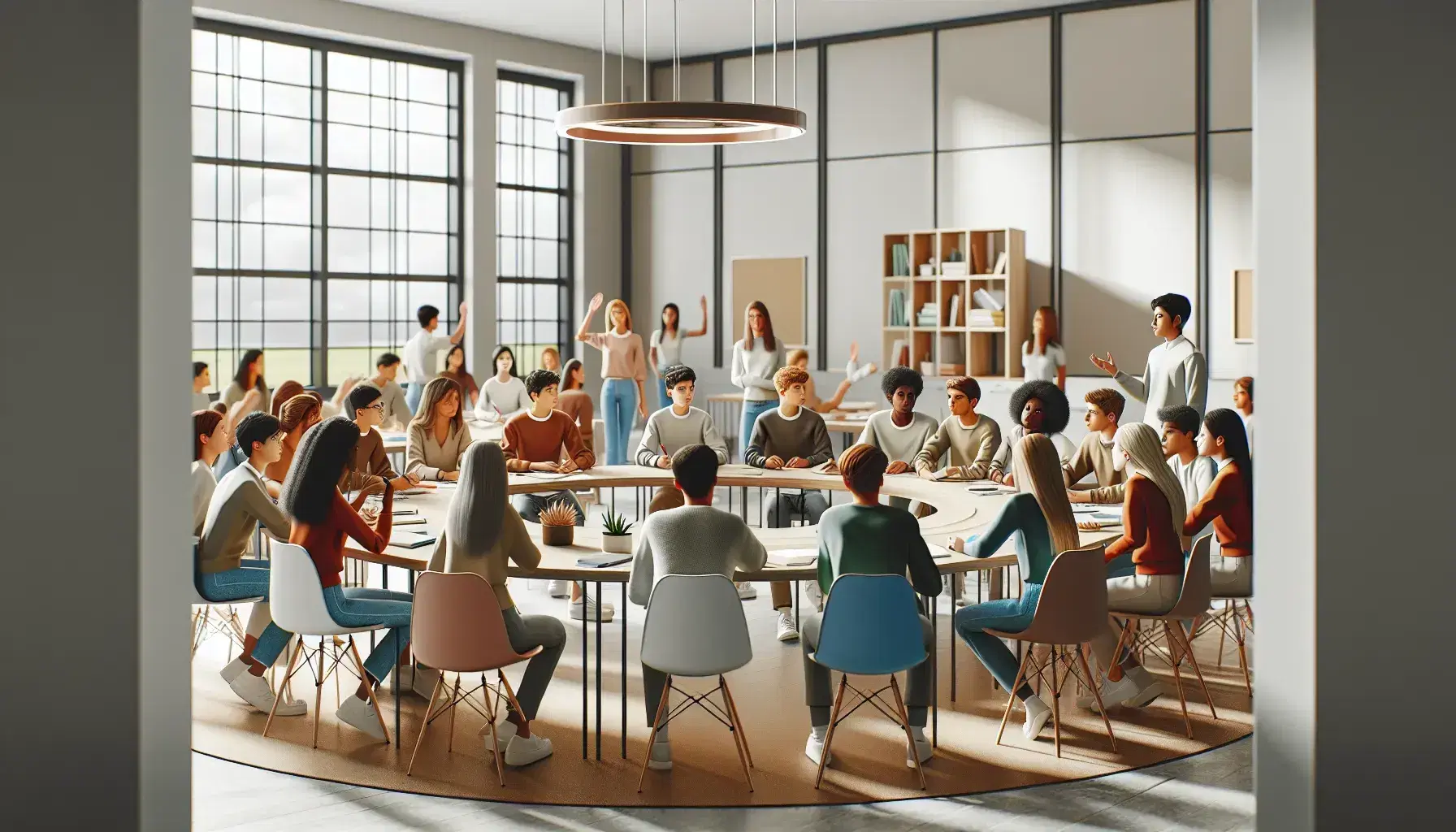 Aula escolar moderna y luminosa con estudiantes diversos participando activamente en una discusión, con un profesor facilitando el diálogo.