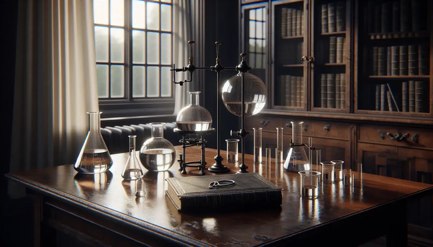 Classic science laboratory with wooden table, transparent glassware, antique book, illuminated window and green plant on the window.