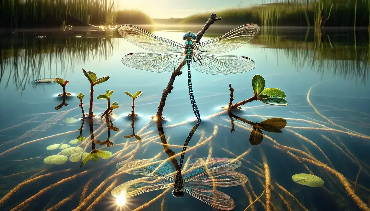 Libellula adulta posata su ramo sottile sopra acqua calma con riflessi dorati, ali traslucide al sole e corpo blu-verde metallizzato.
