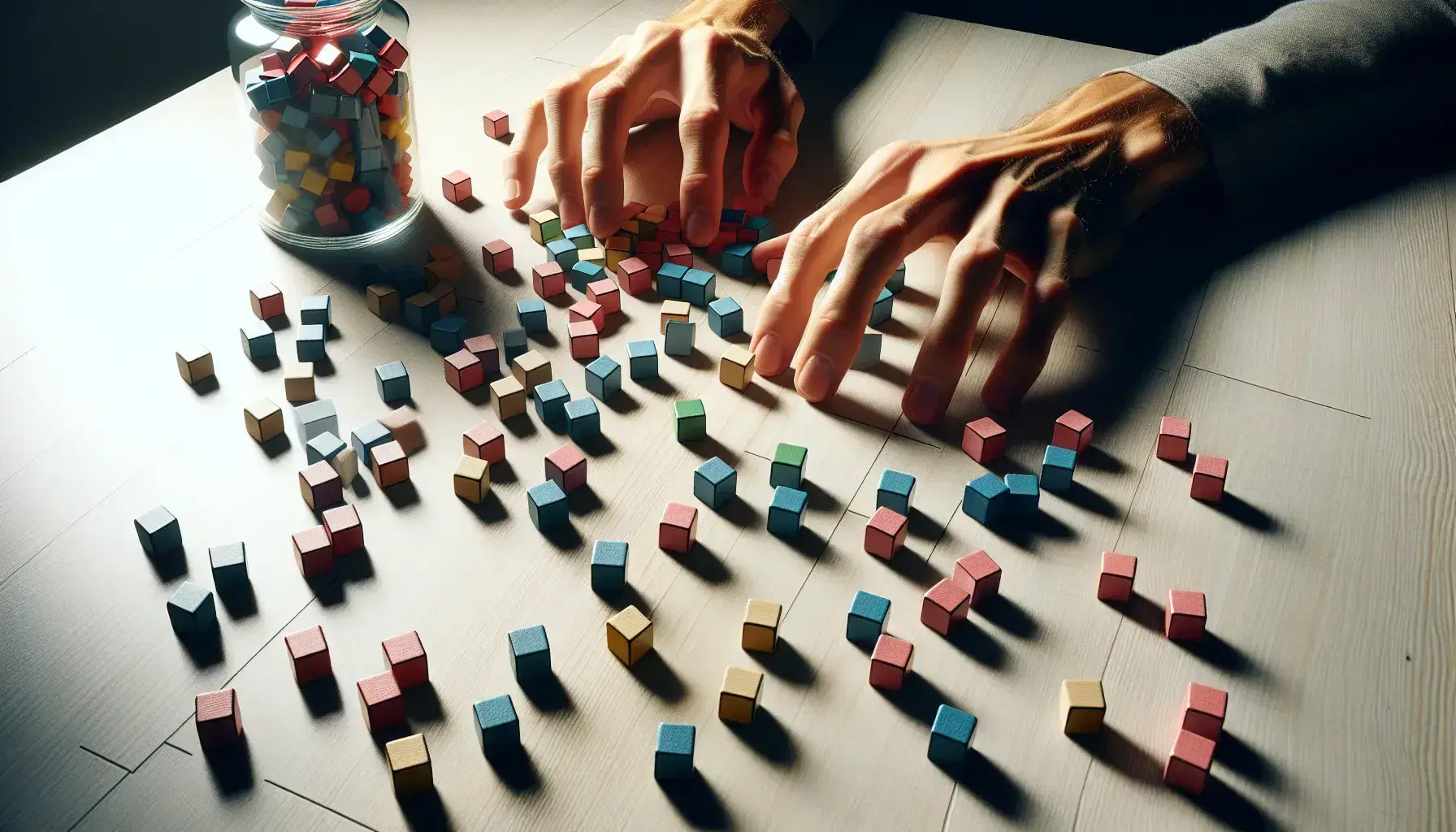Close-up of hands arranging colorful game blocks on a wooden desk, with a glass jar of extra pieces and soft greenery in the background.